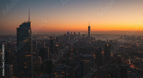 A hazy sunset casts a warm glow over a sprawling cityscape, with skyscrapers silhouetted against the fiery sky