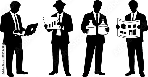 Businessmen Holding Laptop Chart Bottles And Blueprint Corporate Concept