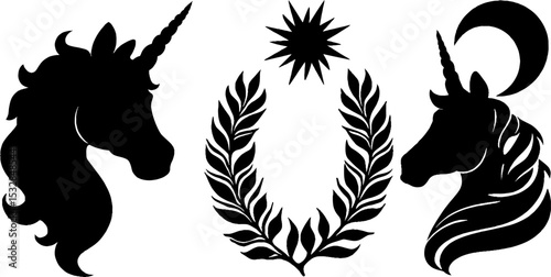 Mystical unicorn heads with starburst and crescent moon elements for fantasy design