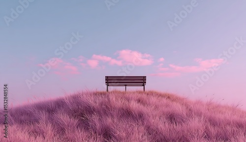 Dreamy pink and blue field landscape with empty wooden bench