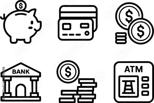 Bank Money Piggy Bank Credit Card Coins ATMs Set
