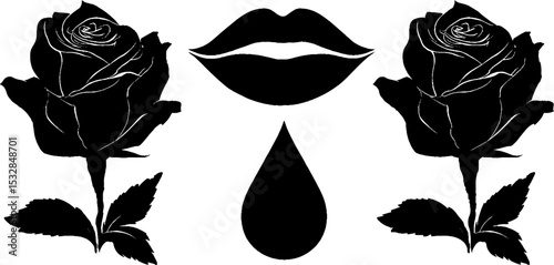 Gothic rose and vampire lips design for halloween and dark fantasy themes