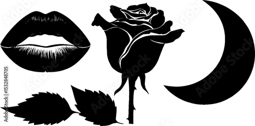 Gothic aesthetic with vampire lips and blood drop featuring dramatic rose and crescent moon