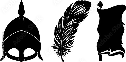 Viking helmet, raven feather, and rune banner silhouettes for nordic heritage design