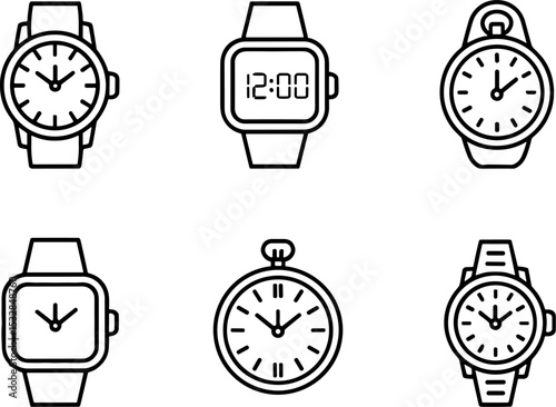 Wristwatch Stopwatch Clock Line Set Timekeeping Symbols