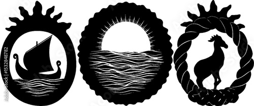 Viking longboat and sea serpent with celtic knot design for nautical themes