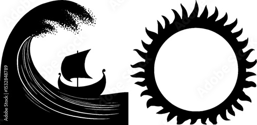 Viking ship with sea wave and sun disc design for nautical themed decorations