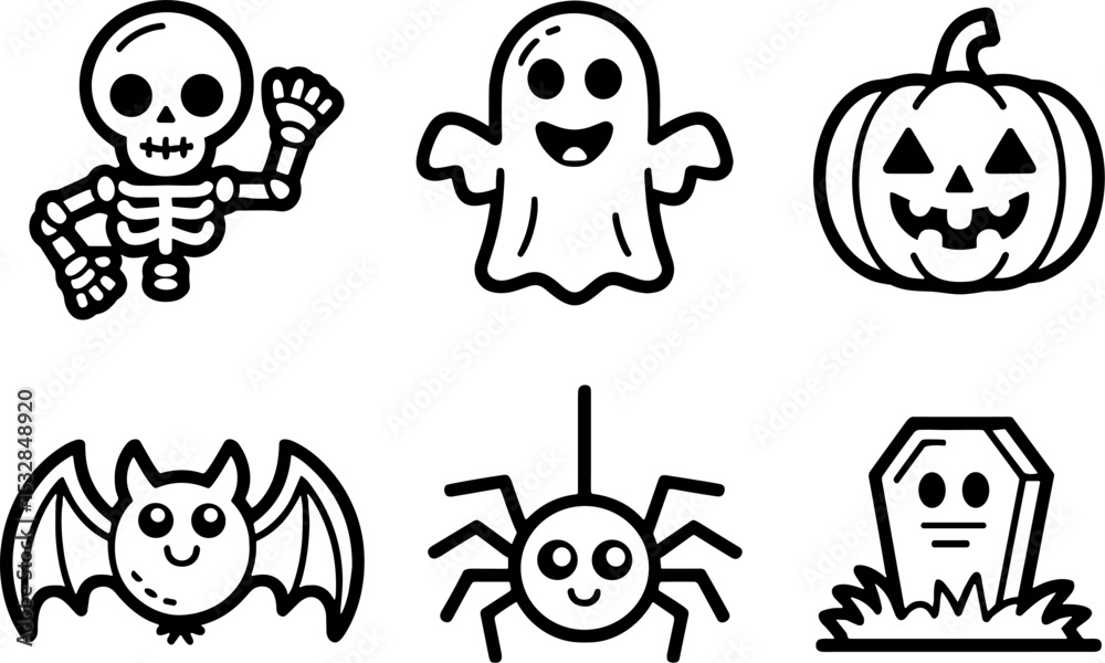Fototapeta premium Cute Halloween Characters Skeleton Ghost Pumpkin Bat Spider Coffin