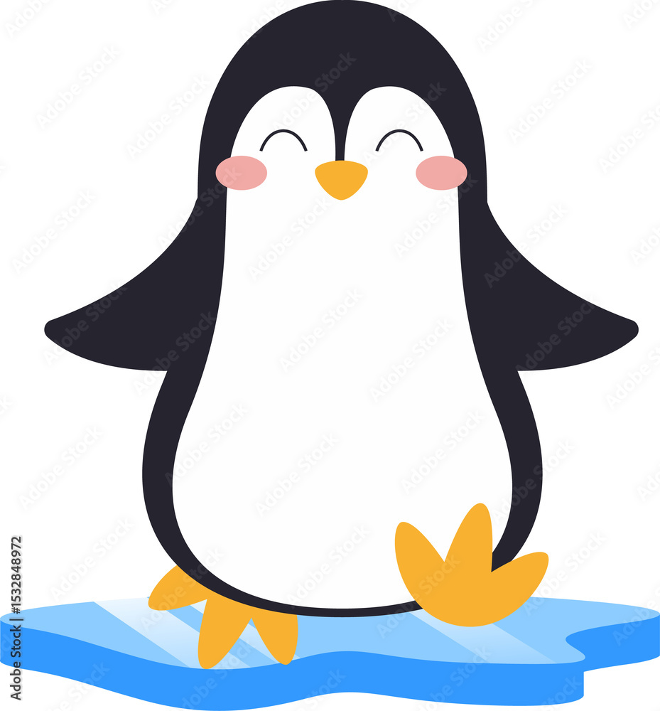 Obraz premium Cartoon penguin is standing on ice floe with glossy sheen in flat design, transparent background