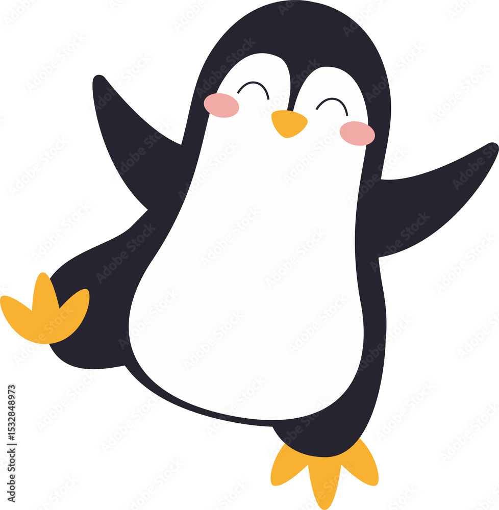 Obraz premium Flat cartoon penguin is dancing on transparent background with pink cheeks, orange beak