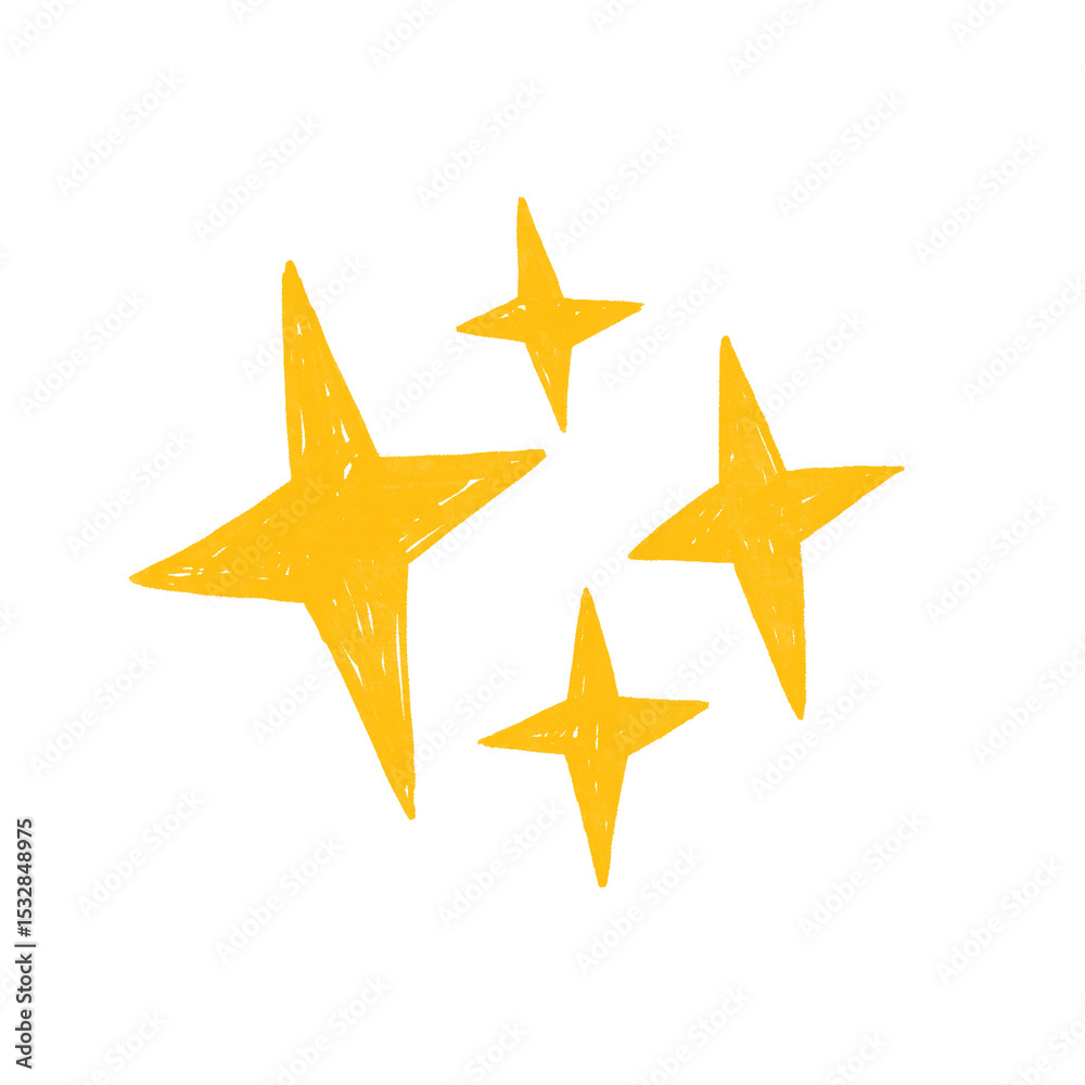 Cluster of four hand-drawn star-shaped sparkles is floating on transparent backdrop in flat style Cluster of four hand-drawn star-shaped sparkles is floating on transparent backdrop in flat style