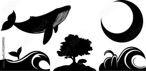 Majestic whale silhouette with ocean waves and celestial elements for nautical design