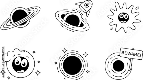 Cartoon Black Hole Spaces Set Fun Cosmic Symbols