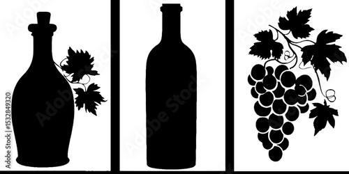 Wine element silhouettes with bottle, cork pop, swirl, and grape design for art projects