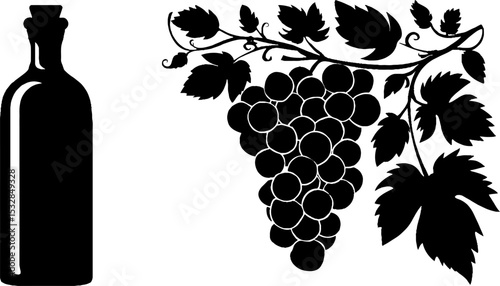 Elegant wine motif with bottle, cork, and grape vine for design and décor