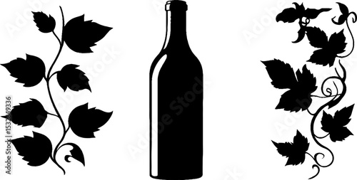 Artistic wine bottle with swirling grapevine leaves design for decorative use