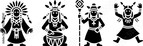 Native American Tribal Characters Set Dancing Drum Shaman Staff