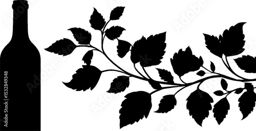 Wine bottle silhouette with swirling grapevine leaves for elegant design