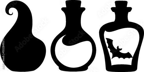 Magical witch potion silhouettes with crescent moon