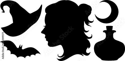 Mystical witch silhouettes with crescent moon and potion elements for halloween design