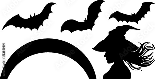 Halloween witch silhouette with flying bats and rune symbol