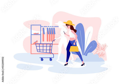Cartoon flat cargo logistics transportation vector illustration, shopping mall buying and selling, e-commerce scenes