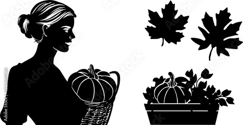 Autumn harvest scene with woman holding pumpkin and rustic basket for seasonal design