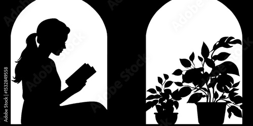 Silhouette of woman reading near large window with potted plants for relaxation design