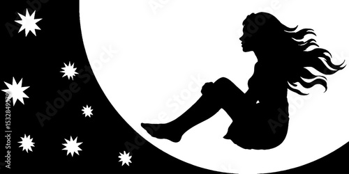 Dreamy silhouette of a woman sitting on crescent moon surrounded by stars