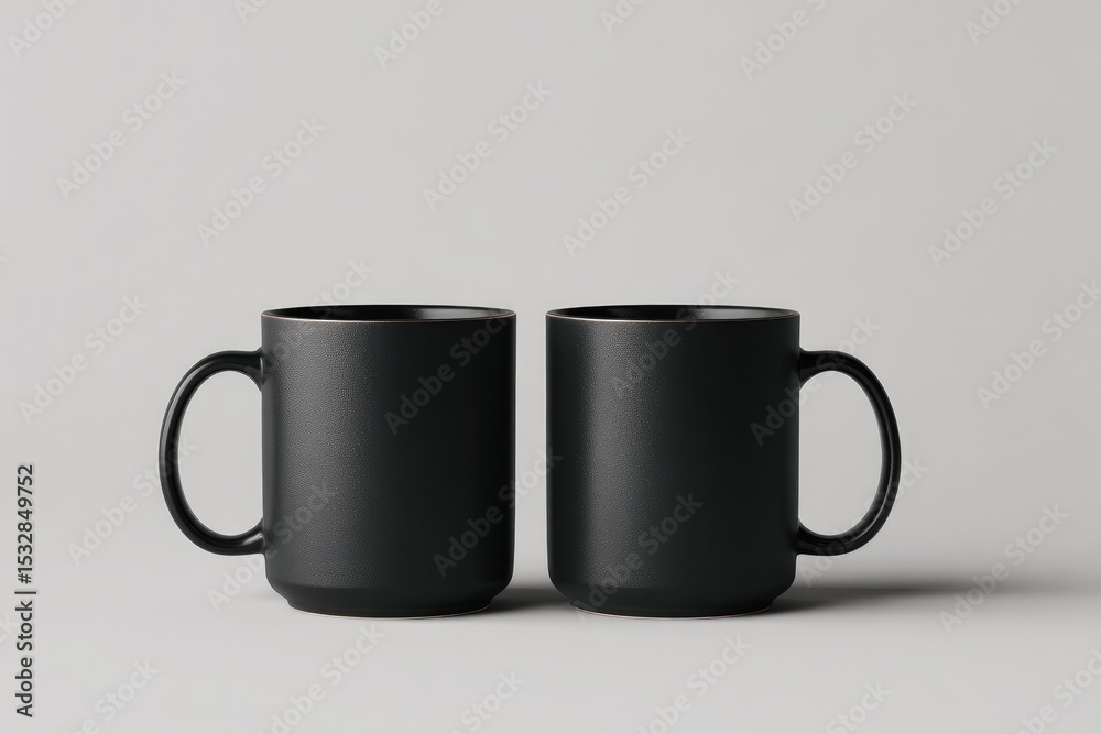 Two matte black cylindrical mugs with subtle brown rims and handles, positioned side-by-side against a light grey background Two matte black cylindrical mugs with subtle brown rims and handles, positioned side-by-side against a light grey background