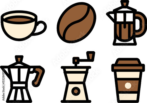 Coffee Cup Bean French Press Grinder Moka Pot Takeaway Illustration Set