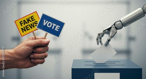 Robotic hand casts a vote alongside a human hand holding signs about fake news.  Election integrity concerns