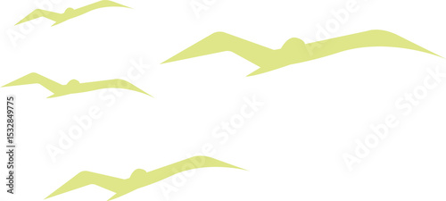 Simplified seagull silhouettes flying in flat style with angular wings on transparent backdrop