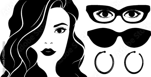 Elegant woman illustration with flowing hair and sunglasses design elements