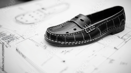 Shoe design concept displayed on blueprints featuring a classic black loafer with detailed stitching