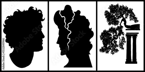 Zeus silhouette with lightning bolt and olive tree design for mythology art project