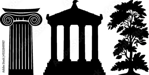 Classical greek elements silhouette set with zeus motifs and olive tree