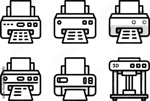 Printers Set Office Equipment 3D Printer Symbol Collection