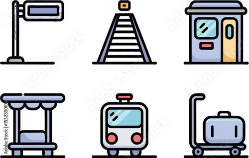 Public Transport Stations Set Bus Train Ticket Stall Luggage Cart