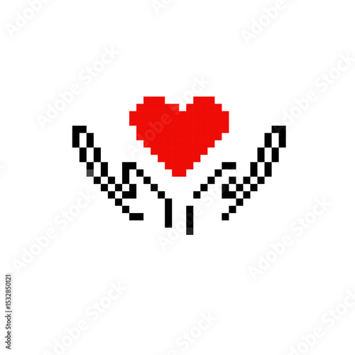 Mosaic pixel heart held by hands, expressing care and protection in retro and pixel art style.