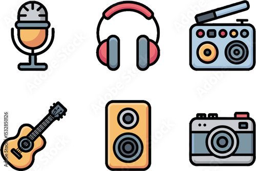 Audio Equipments Set Microphone Headphones Speaker Camera Guitar