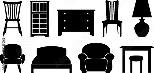Furniture silhouettes collection featuring chairs, table, bed, sofa, dresser, and lamp
