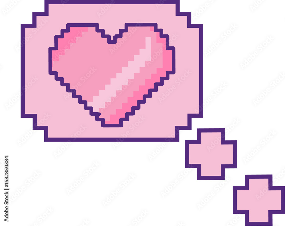 Obraz premium Showing pixel-art heart inside pink thought bubble with two pixel crosses on transparent background