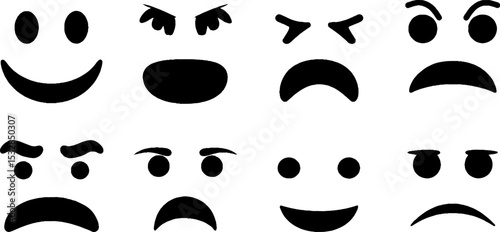 Set of expressive faces illustrating happy, sad, and angry emotions for design use