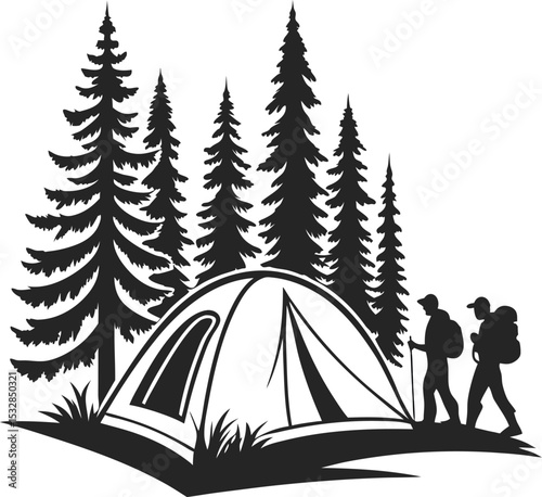 Silhouette logo of a tent and hiker in the mountains for camping