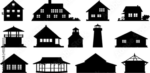 Set of house and building silhouettes for urban and rural design concepts