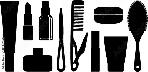 Essential beauty tools collection featuring lipstick, mascara, comb, hairdryer, and more for personal care design