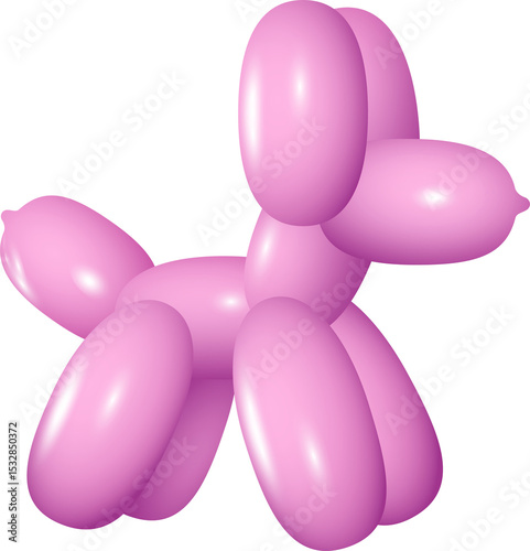 Glossy 3D pink balloon animal dog is floating in transparent background, showing tubular segments