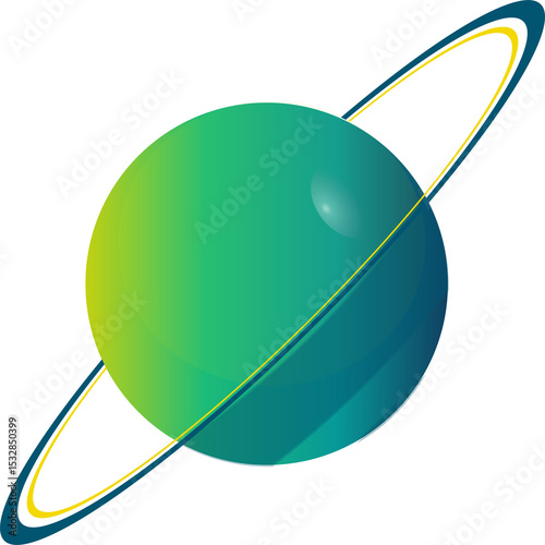 Fototapeta Naklejka Na Ścianę i Meble -  Displaying vector ringed planet spinning with green-teal dual-color rings, transparent background