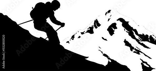 Silhouette of skier descending snow capped mountain for winter adventure design
